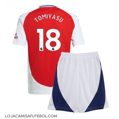 Camisa de Futebol Arsenal Takehiro Tomiyasu #18 Equipamento Principal Infantil 2024-25 Manga Curta (+ Calças curtas)